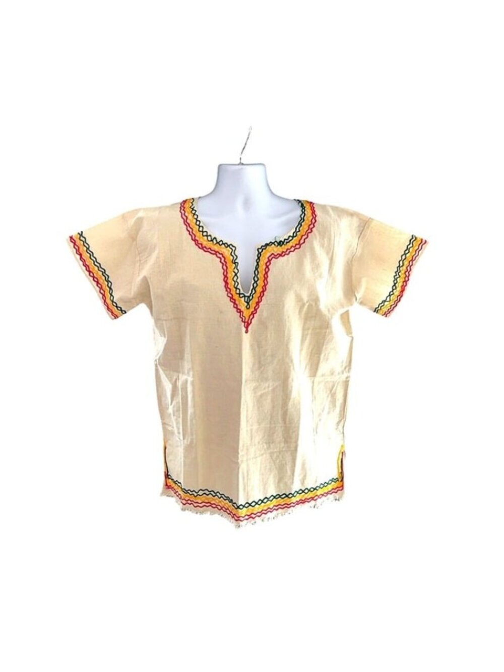 Unbranded Short Sleeve Beige Embroidered Mens Top Festival Boho Loose Fit Hippie